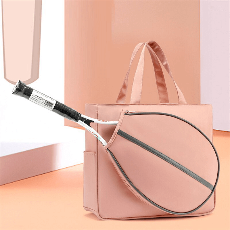 Stylish pink women's sports bag with pocket for tennis and badminton rackets, made of durable nylon and polyester, model SF1487.